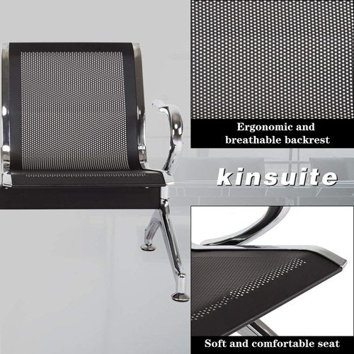 Kinsuite Airport Reception Bench - 2 Seat Guest Chairs with Arms for Office, Bank, Hospital - Black