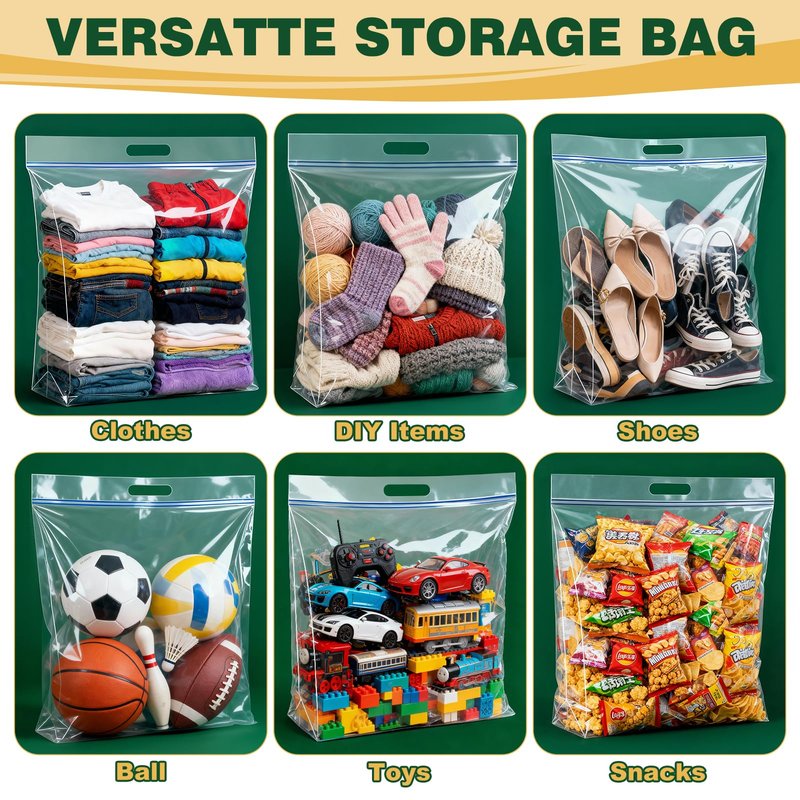 TUXIYA 5 PACK Extra Large Storage Bags, 10 Gallon 24"x20"x7", Resealable Clear Bags with Handle, XL Heavy Duty for Clothes Travel Moving, Double Zipper Seal, Expandable Bottom, Thick 8 Mils