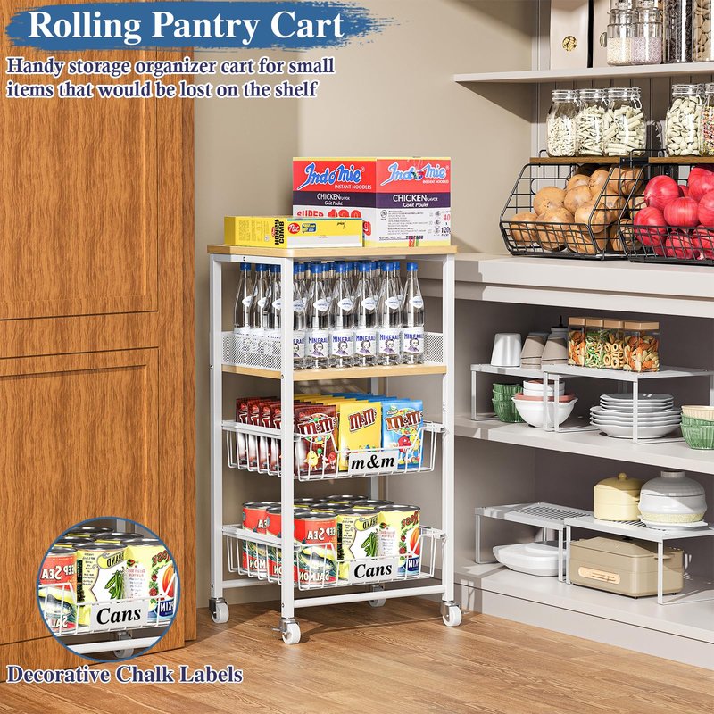 OKZEST 4 Tier Rolling Cart with Drawer Baskets, Metal Utility Storage Cart with Wheels and Wood Top for Living Room, Kitchen, Home Office, Bedroom, Pantry, Baby Essential, Craft, Snack, Makeup, White