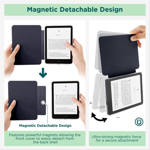 SESENSE Detachable Magnetic Case for 7'' Kindle Paperwhite 12th Gen 2024 and Kindle Colorsoft Signature Edition, Slim PU Shell Cover Case with Auto Wake/Sleep, Dark Blue