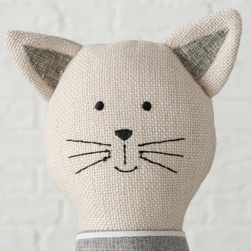 WHW Whole House Worlds Cat Door Stops, Set of 2, Grey and White Woven Fabric, Black Embroidery Cotton, Linen, Polyester, & Filling, Weighted Prop, 12.5 Inches, 2.75 lbs.