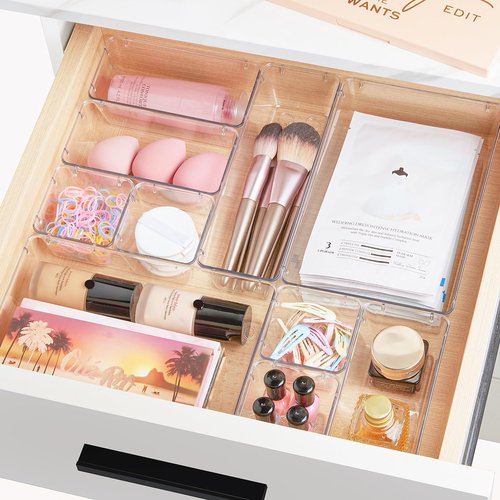 Vtopmart 72 PCS Clear Plastic Drawer Organizers Set, 4-Size Versatile Bathroom and Vanity Organizer Trays, Non-Slip Storage Containers for Makeup, Jewelries, Bedroom,Kitchen Utensils and Office
