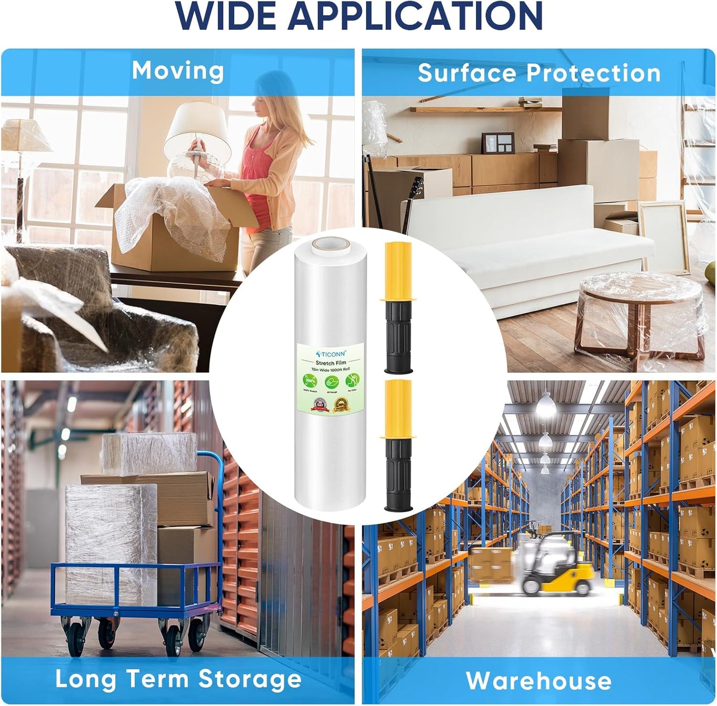 TICONN Stretch Wrap Roll - 1000ft Industrial Strength 15" Wide Clear Plastic Film with Handles for Easy Pallet Wrapping