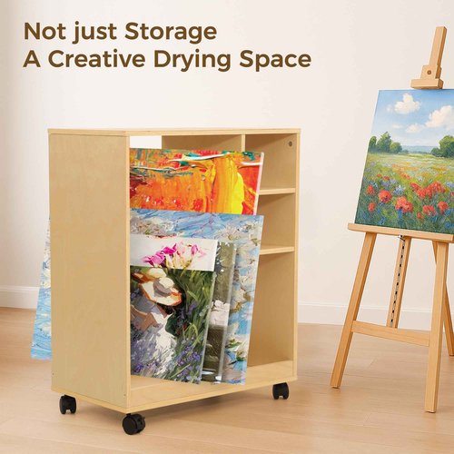 VISWIN Art Cart Organizer, Solid Pine Wood Art Supply Storage Organizer with Caster Wheels, 3-Tier Multifunctional Rolling Utility Storage Cart for Studio, Classroom, Artists - Natural