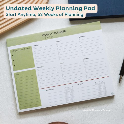 Nook Theory 8.5" x11" Weekly Task Planner Pad Tear Off - 52 Pages Undated To Do List Notepad, Full Year Productivity Planning Pad for Study and Work Desk (Green)