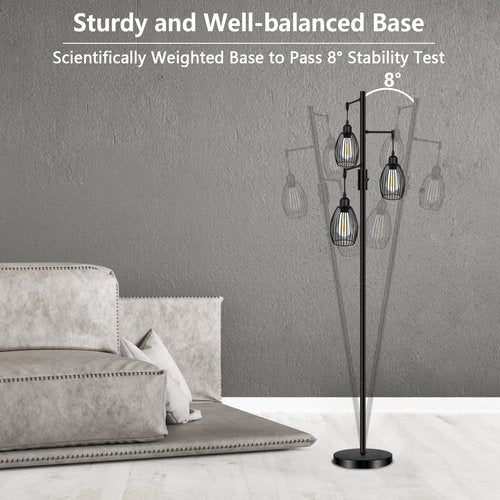 LTBLIGHT 68" Dimmable Floor Lamp - Industrial 3-Light Tree Design with Vintage LED Edison Bulbs, Adjustable Brightness for Living Room, Bedroom, Office (Black)