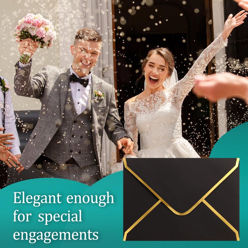 (50 Pack 5x7 Inch) Black Envelopes for Invitations with Gold Border, Self Adhesive A7 Envelopes with V-Flap, Great for Graduation, Invitation, Baby Shower, Wedding and RSVP Cards
