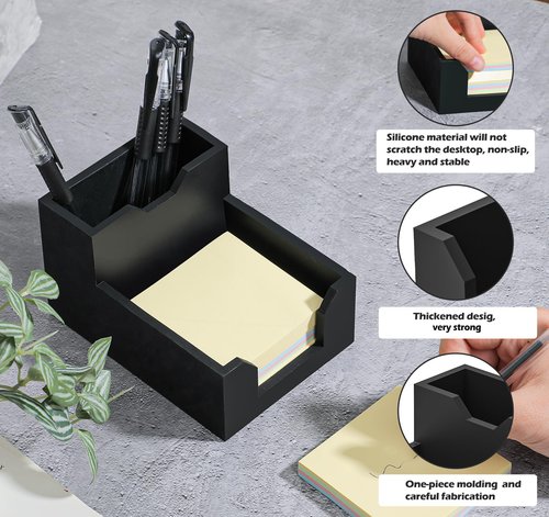 Kamehame Black Sticky Note Holder, Silicone Memo Holder with Pen or Card Slots, Sticky Note Dispenser, Fits 3x3 Inches Sticky Notes