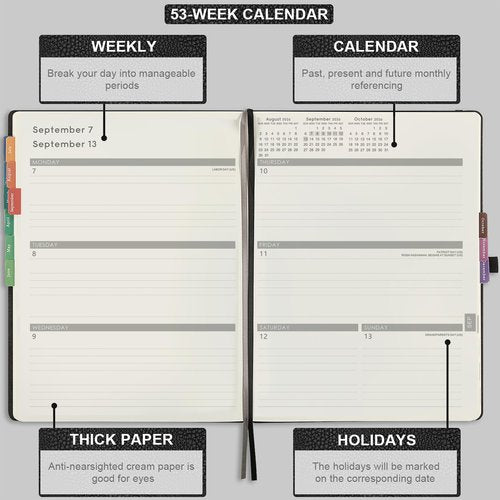 Artfan 2026 Planner - JAN 2026 - DEC 2026, 2026 Planner Weekly and Monthly, Calendar Planner, Leather Cover Planner with Pen Holder, Thick Paper, Notes Pages - Black (8.5" x 11", Back Pocket)