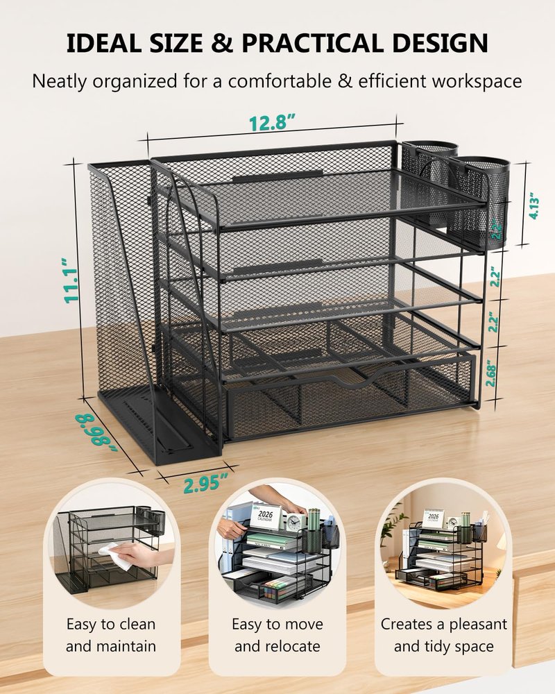 WALI Desk File Organizer, 5 Tier Desktop Paper Letter Tray Organizer with Drawer and 2 Pen Holders, Office Desk Accessories & Workspace Organizers for Office, Home Supplies(DO006DH-B), 1 Pack, Black