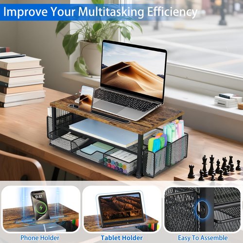 Wood Desk Organizers and Accessories, 2-Tier Computer Monitor Stand with Drawer, Pen Storage & Tablet Phone Holder, Office Desk Accessories, Workspace Desktop Organization for Office Supplies(Brown)