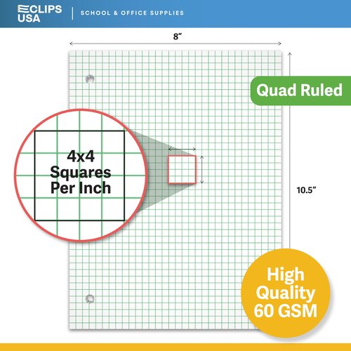 Graph Paper, Loose Leaf (24 Pack) - 4 x 4 An Inch Quad Ruled, 10.5" x 8" Graphing Sheets, 100 Per Pack, 60 GSM