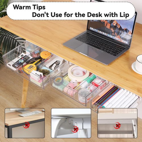 OTraki 3 Packs Under Desk Storage Drawer, Large & Medium & Small, Stick on Drawers Slide Out, Self-Adhesive Desk Amount Drawer Attach for Office, Home, School, Hidden Desktop Organizer, Clear
