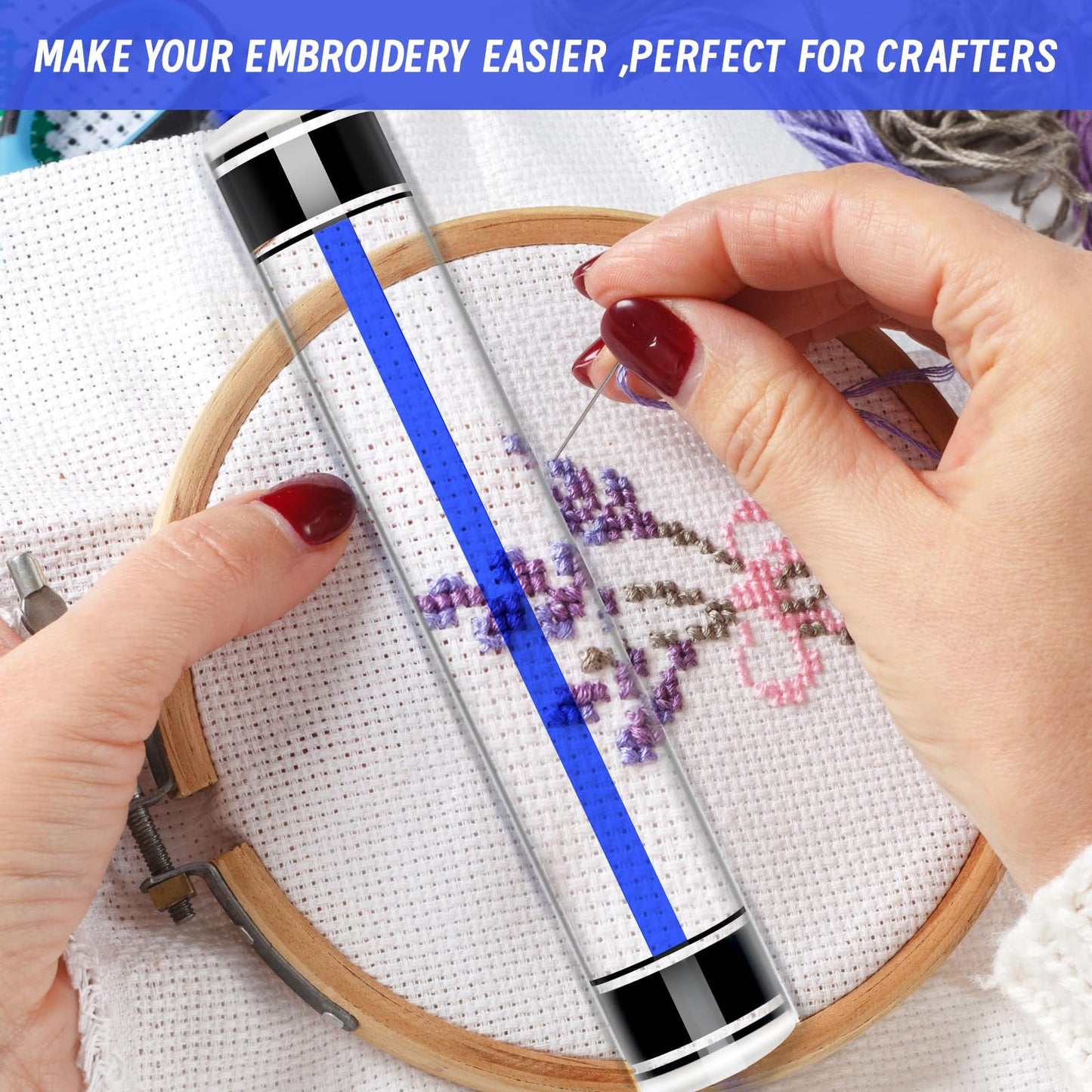 UCandy 2X Magnifying Ruler Bar for Reading, Line Magnifier with Guiding Line for Reading Small Prints, Bible, Books, Instructions, Cross Stitch Patterns (Blue line, 8")
