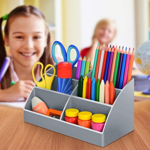 Acrimet Desktop Organizer - Easy Organizer Caddy Holder for Office, Home and School use (Plastic) (Silver Color)