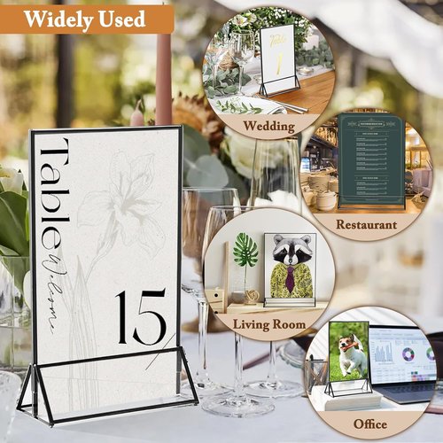 Floroom 6 Pack Clear Acrylic Sign Holders - Double-Sided Black Display Stands for Menus & Table Numbers