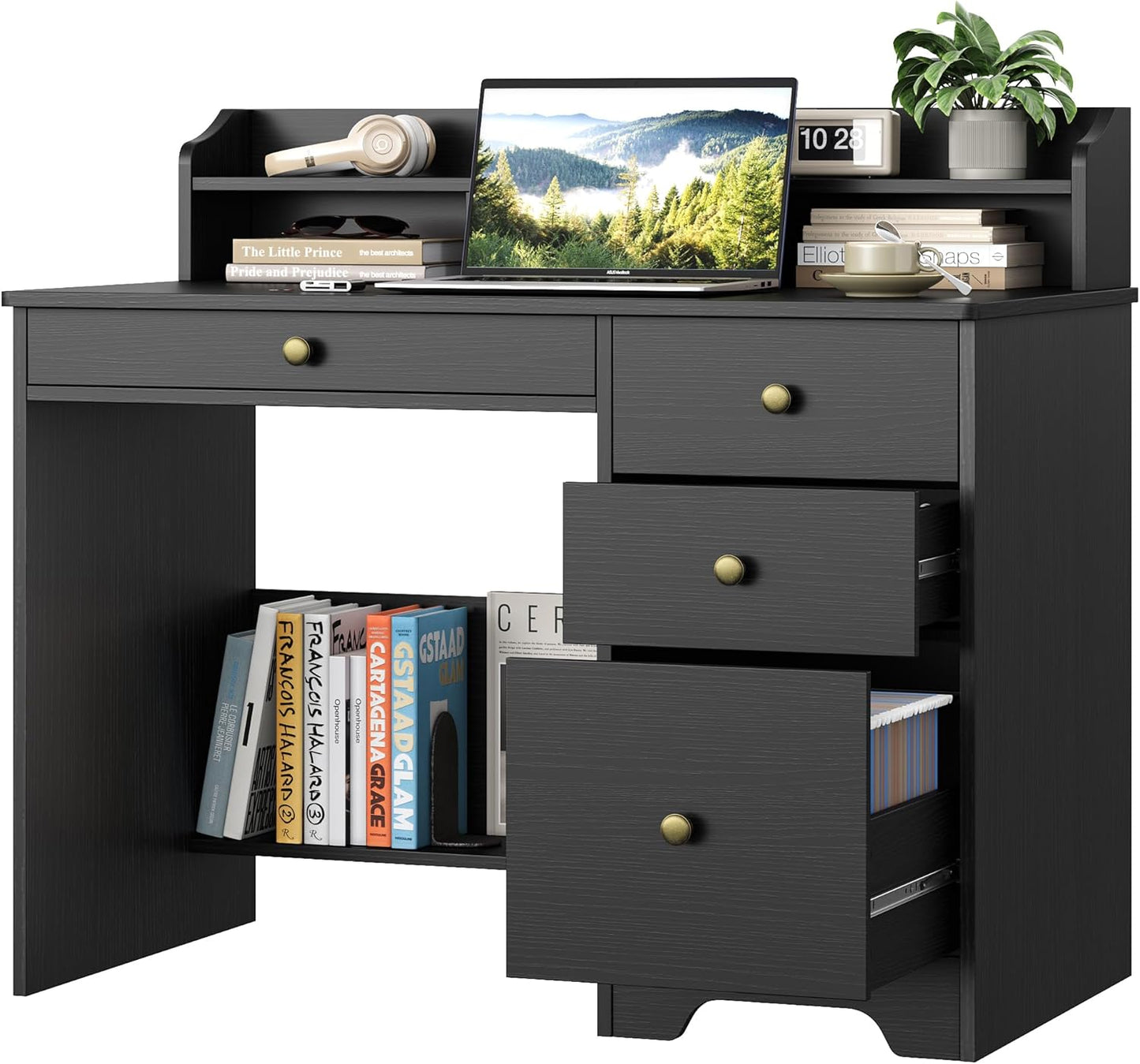 TTVIEW Computer Desk - Wood Writing Table with Drawers & Hutch Shelf | 43” Wide, Black Finish