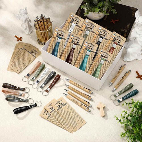 Feifeiya 100 Sets Pastor Appreciation Gifts Bulk Christian Bamboo Pen, Bible Verse Church Gift Religious Silicone Keychain with Emergency Scripture Bookmarks for Sunday School Baptism Party Favors