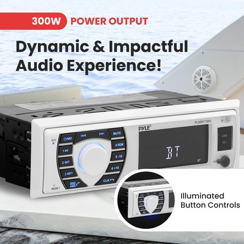 Pyle Marine Radio Receiver Speaker Set 12v Single Din Style Bluetooth Compatible Waterproof Digital Boat In Dash Console System with Mic 4 Speakers, Remote Control, Wiring Harness PLMRKT38W (White)