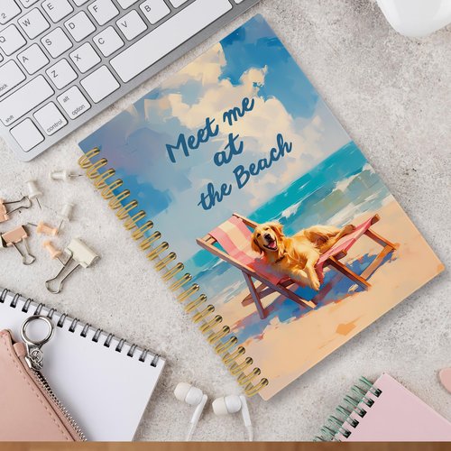 iEFEY Coastal Beach Golden Retriever Spiral Notebook Journal 5.5x8.3in, Dog Pet Lovers Gifts for Women, Ocean Beach Journal, Summer Vacation Puppy Notebooks for Note Taking, Dog Office Supplies