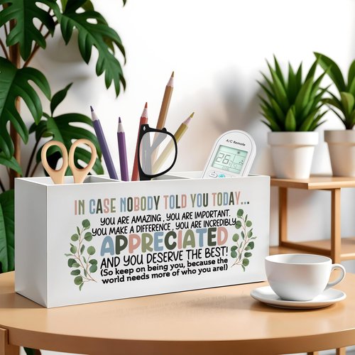 FITIE Boho Inspirational Pencil Pen Holder for Desk, Appreciation Gifts for Coworkers, Boss Gifts for Women Men Wooden Pencil Holder Organizer for Home Office Desk Accessories