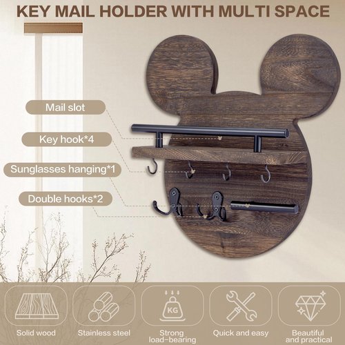 AIRPOP Disn Key Holder for Wall–Mouse Wooden Mail Organizer Wall Mount with Shelf and 6 Hooks, Easy Installation Key Rack Hanger for Entryway Living Room Home Decor (Brown)