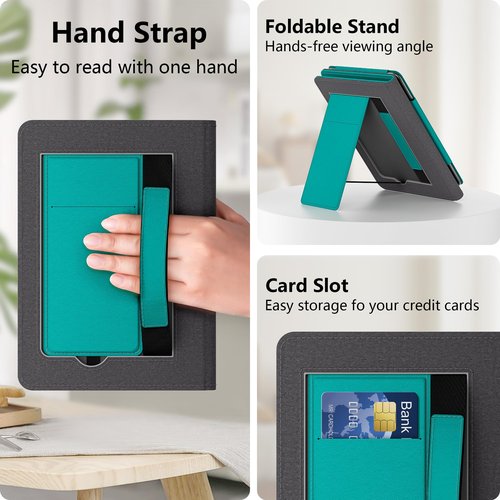 Lainergie Kindle Case for New 6" Kindle (11th Generation, 2024/2022 Release), Slim PU Leather Smart Shell Cover for Kindle Basic with Stand, Hand Strap, Auto-Wake/Sleep Not for Alcatel TCL, Jade