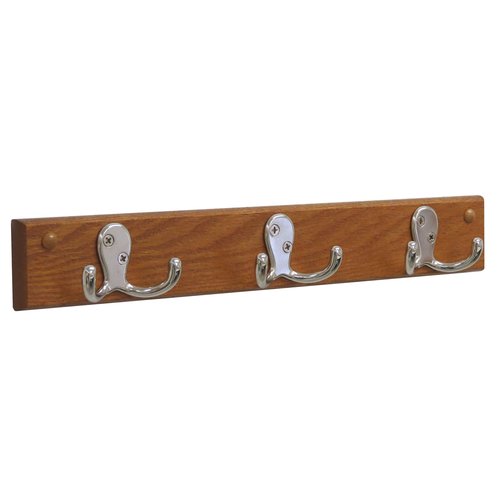 Wooden Mallet, Nickel, Medium Oak 3 Double Prong Hook Rail/Coat Rack