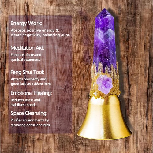 Super Loud Solid Brass Handbells Altar Bells Natural Amethyst Tower Bell Chimes Witch's Bells Hand Percussion Instruments Call Bells for Meditation Prayer Reception Pet Feeding and Home Decoration