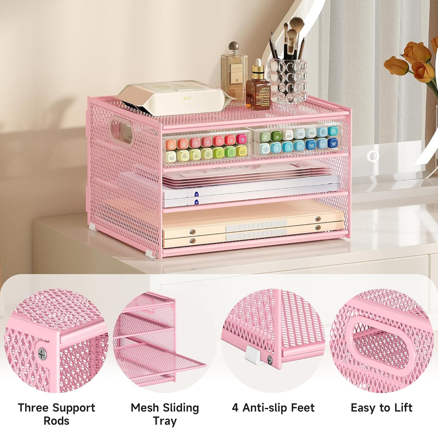 Subekyu Desk Organizer - Pink Metal Mesh Letter Tray with Handle & 2 Sliding Trays for Home Office