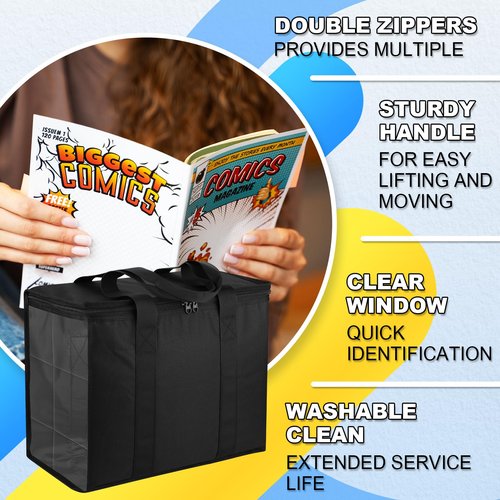 Comic Book Storage Tote, 600D Collapsible Comic Book Case for 160-180 Comics, Comic Book Box Holder with Carrying Handles & Clear Window, Comic Book Bin Container Holder, 15.35''X7.5''X12.2'' (Black)