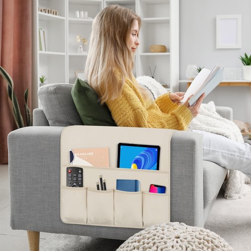 WETRBWEH Remote Control Holder for Armchair,Couch Caddy Organizer TV Remote Holder for Bed Storage 5 Pockets,Remote Caddy Bedside Organizer Bedside Table Organizer (Beige, 35''x18'')