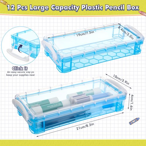 Zonon 12 Pack Plastic Pencil Box 8.3” × 3.9” × 1.6" Large Crayon Box Stackable Multicolor Pencil Case with Snap Closure Lids Bulk Multi Purpose Storage Organizer Art Office Craft Supplies