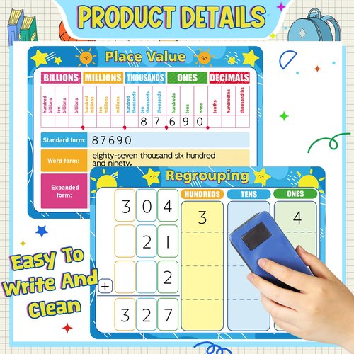 AmazingSpark 18 Packs Place Value Chart Math Manipulative 9x12 Inches Dry Erase Double Sided Cards Math Learning White Boards Small Whiteboards for Kids Students Classroom Home(Place Value)