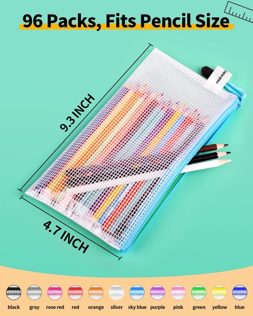 Smarpau 96 Pack Pencil Pouch, 12 Colors 9.3" x 4.7" Small Mesh Zipper Pouches, Clear Pencil Case Waterproof Zipper Bags for Office Supplies, Travel Organization