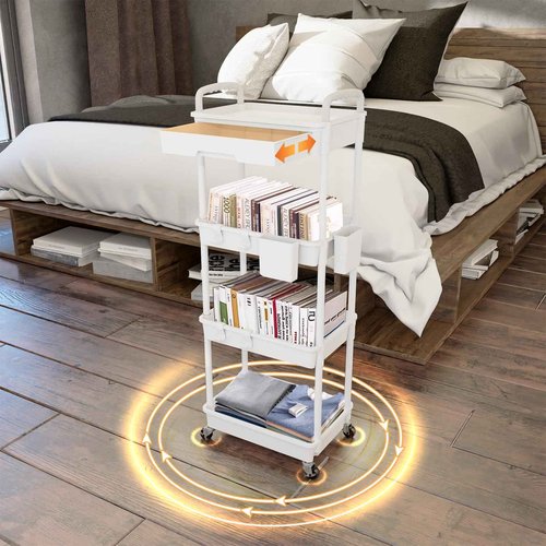 4 Tier Rolling Utility Cart with Drawer,REBECAT Utility Cart Made of Multifunctional Storage Organizer Tool for Kitchen,Bathroom,Living Room,Office(Gray)