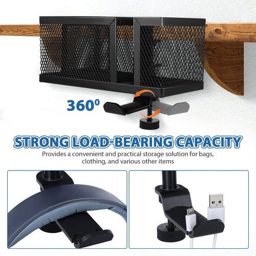 Operitacx Metal Clip On Cup Holder, 4in 1 Cup Holder Clamp for Gaming Desk or Table, Clamp on Under Desk Headphone Hanger for Salon Chair, Bedside, Water Bottles, Drinks, Headphones