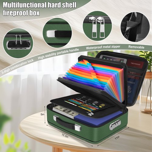 Fireproof Document Box, Hard Shell Fireproof Box, Document Organizer with Lock, Fireproof Water Resistant box, Portable Documents Safe Box for Important Document Certificates, Laptop, Passports, Green