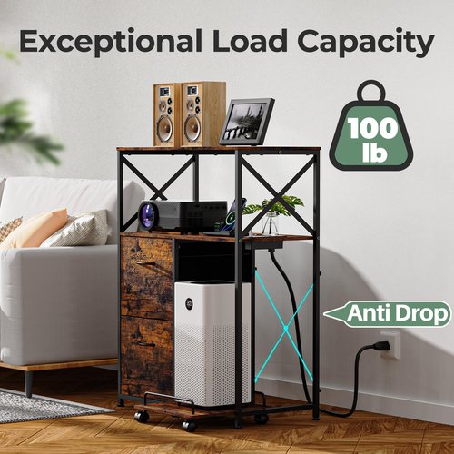 Vestibk Printer Stand for Home Office, 31.5 x15.7 x 40 Inches Large Mobile Printer Table with Adjustable Storage Shelf, 2 Drawer File Cabinets Rolling Cart with Wheels for Host Computer - Rustic Brown