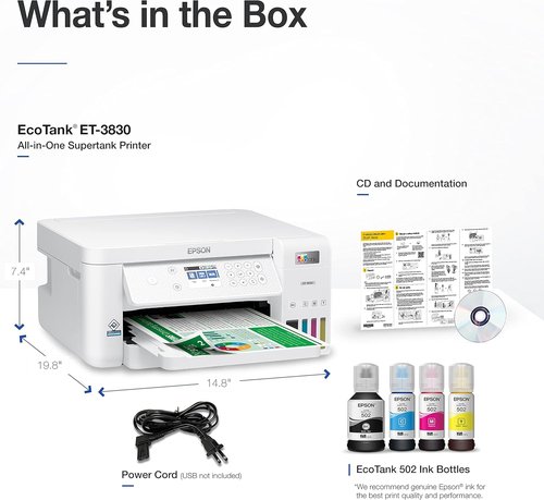 Epson EcoTank ET-3830 Wireless All-in-One Printer - Cartridge-Free, Auto 2-Sided Printing, White