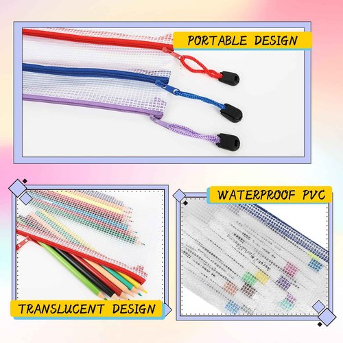120 Pcs Mesh Zipper Bags Zipper Pencil Bags Bulk Transparent Pencil Storage Bag Multifunctional Travel Bag Cosmetic Toiletry Bag for Office Documents School Stationery Travel, 12 Colors