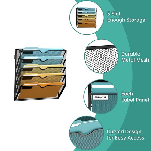 SUPEASY 5-Tier Wall File Organizer Mesh Office Mail Holder, Hanging Wall Organizer Magazine Rack for Office Black
