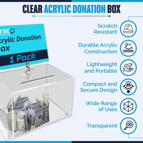 Versco Unlimited Modern Clear Acrylic Donation Box with Lock, Shelf and Sign Holder - 6.3x4x4.2 Inch Lockable Fundraising, Tip, and Ballot Box