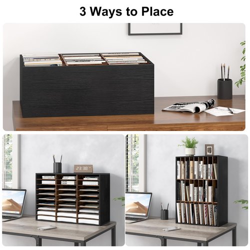 Alpeir Mail Organizer Countertop, 27 Slots Wooden Desk File Literature Sorter, Adjustable Paper Storage Shelves Document Holder, Space Saving Desktop Mailbox for Office Classroom, Black/Rustic Brown