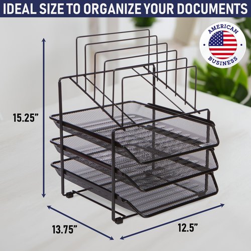 Mesh Desk Organizer and Storage, Office Organizer with 3 Sliding Letter Trays and 5 Vertical File Holders, Steel Mesh File Rack for Binders, Folders, and Clipboards. Letter Tray for Desk Organization