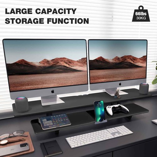 ECO-WILL Dual Monitor Stand, 2-Tier Wood Monitor Riser with Storage Organizer and Cable Management, Black