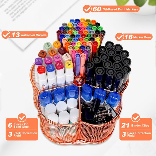 PNEUICALLY 360 Degree Rotate Pen Holder for Desk Mesh Desk Pen Organizer Pencil Holder Large Capacity Accessories & Workspace Organizers for School,Home (Rose Gold, No hook)