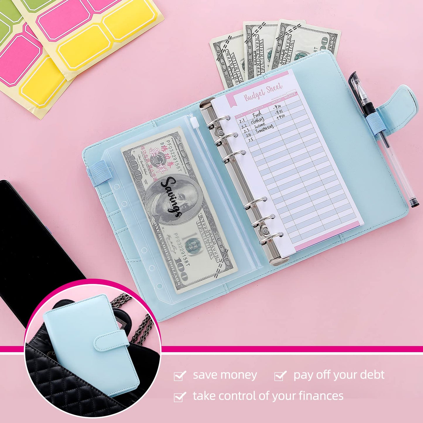 NICOOTH Budget Binder A6 Money Saving Binder with Zipper Cash Envelopes