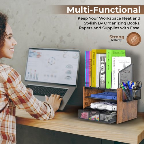 4-Tier Mesh Desk Organizer with Wooden File Holders, 5 Vertical Slots, 2 Pen Compartments, and a Drawer, Desktop Storage Solution for Home Office.