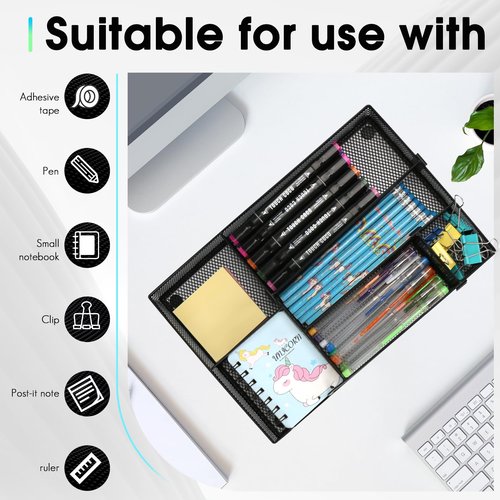 2 PCS Desk Drawer Organizer, 4 to 6 Grid Office Drawer Divider with 2 Adjustable Compartments, Metal Mesh Desktop Organization for Stationery Makeup Kitchen Toolroom School &Office, 12.6x8.26x1.57 in